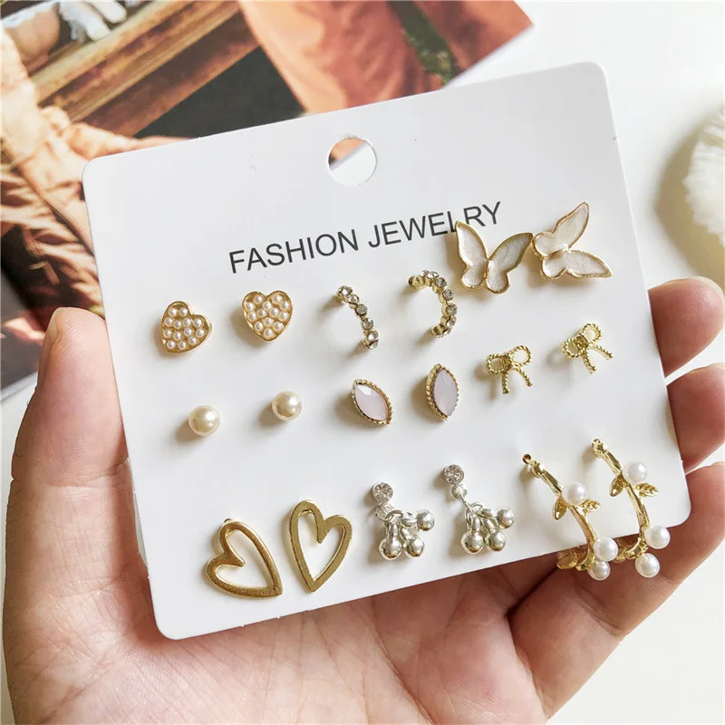 

Fashion Creative Pearl Love Shell Butterfly Bow Women's Stud Earrings Sweet Simple 9 Pairs Jewelry Wholesale