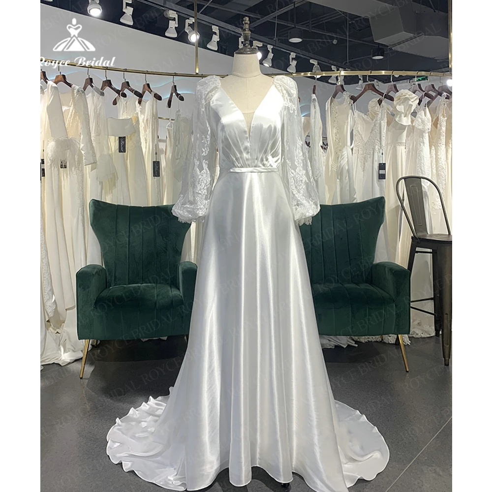 

Roycebridal V Neck Long Sleeve Lace Bridal Dress Satin Cut-out Open Back Bohemian Boho Beach Wedding Dress 2023 Wedding Gown