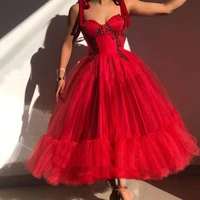 fashion tulle red homecoming dresses tea length spaghetti strap beaded tulle skirt party wear prom dress birthday gowns