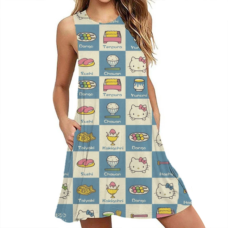 

Женское летнее платье без рукавов, повседневное пляжное платье с принтом Hello Kitty и карманами, новинка 2022