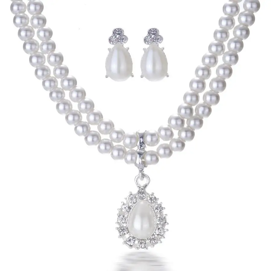 

Elegant Water Drop Pearl Rhinestone Necklace Earrings Set For Women Bridal Luxury Wedding Party Jewelry Set New Fashion Gifts