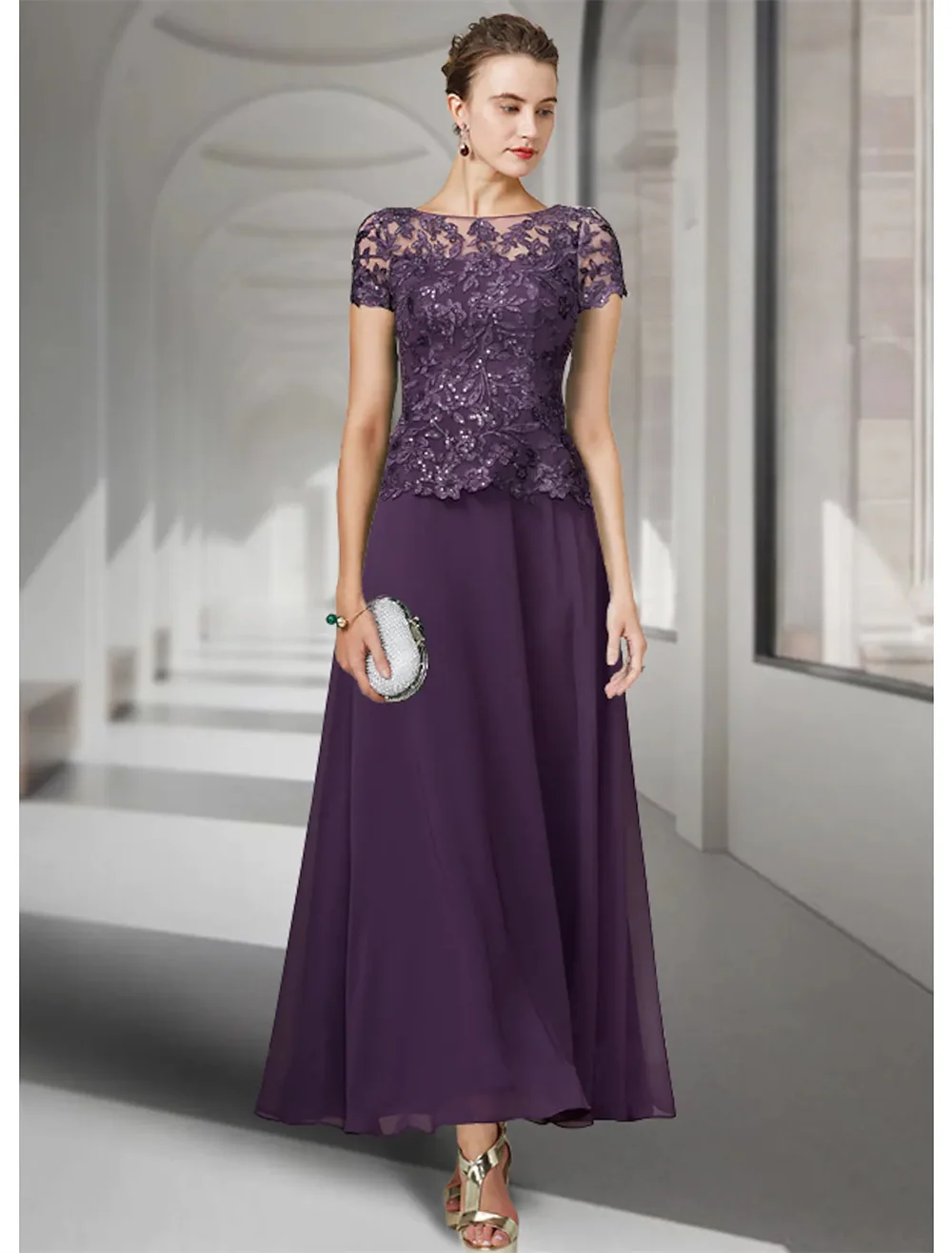 

A-Line Mother of the Bride Dress Elegant Jewel Neck Ankle Length Chiffon Lace Short Sleeve with Pleats Appliques 2022