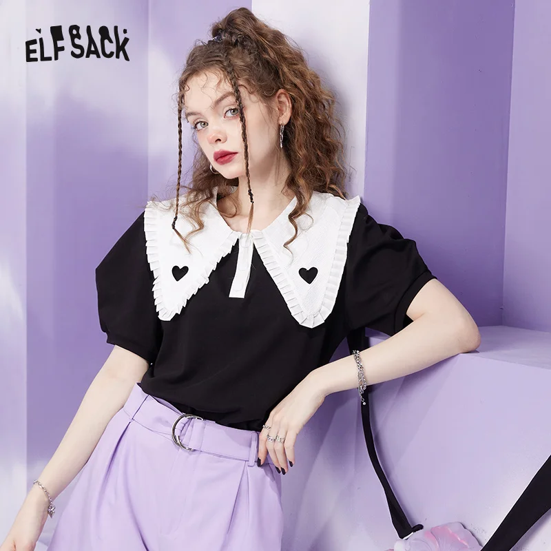 ELFSACK Black Puff Sleeve Short Sleeve T-Shirt Woman 2022 Summer Vintage Half Sleeve Korean Female Basic Daily Tops
