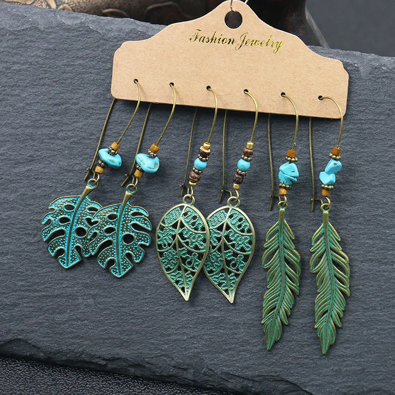 

Vintage Drop Earrings For Women Alloy Ethnic Boho Bohemian Dangle Tassel Long Feather Owl Earrings Set Blue Geometric Jewelry