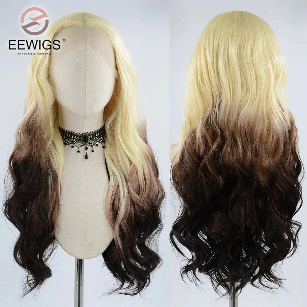 Blonde Ombre Colored 30 Inch 13x4 Synthetic Transparent Lace Front Drag Queen Preplucked Cosplay Wigs For Black Women