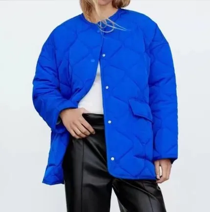 new casual loose blue round neck cotton jacket for women jacket female