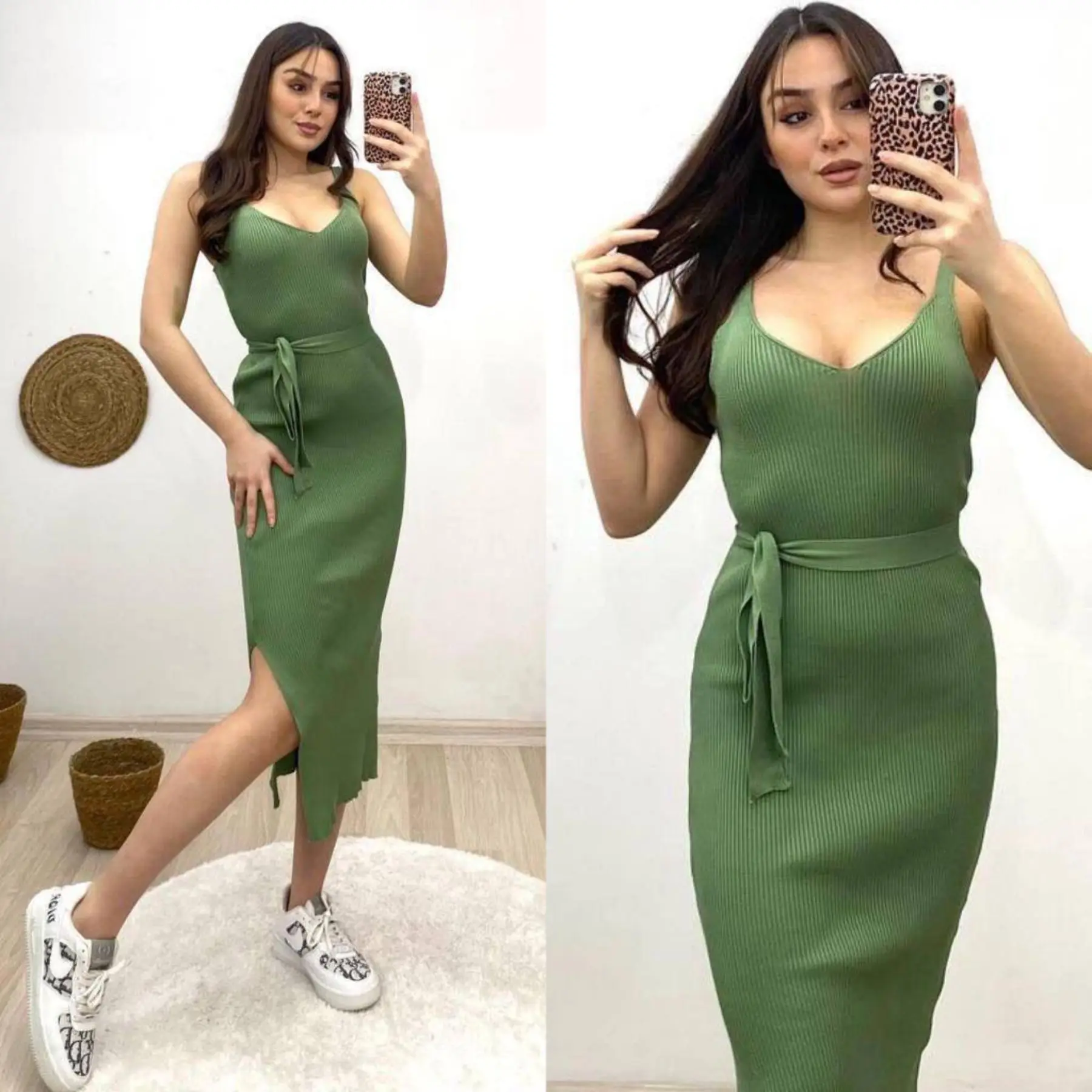 

Women's Revealing Knitwear Maxi Dress Belted and Embroidered Slashed Skirt Detailed Long One Size Knitted Dress Turkey 2022