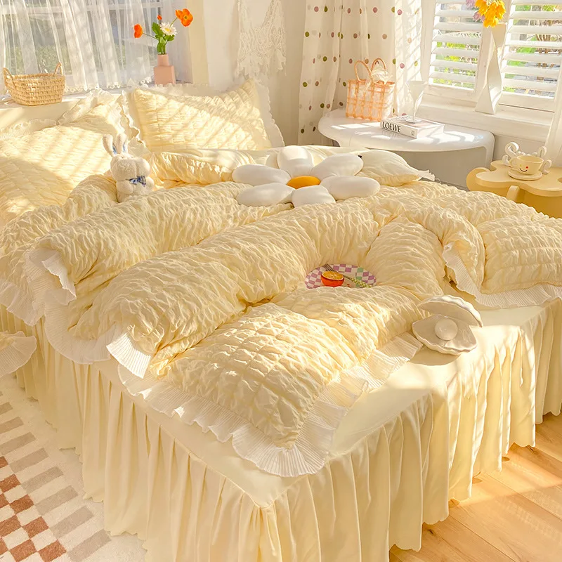 Kawaii принцесса Seersucker Комплект постельного белья для девушек из мытого хлопка в