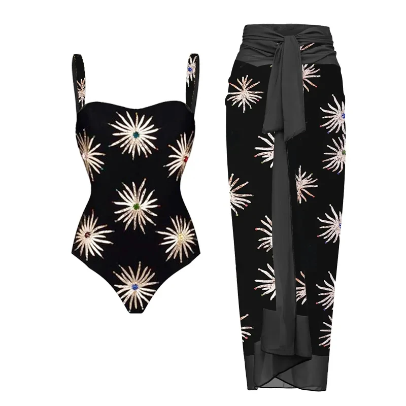 

2023 New Retro Flower Printed One Piece Swimsuit and and Skirt Summer Swimwear Women Beachwear Bathing Suit
