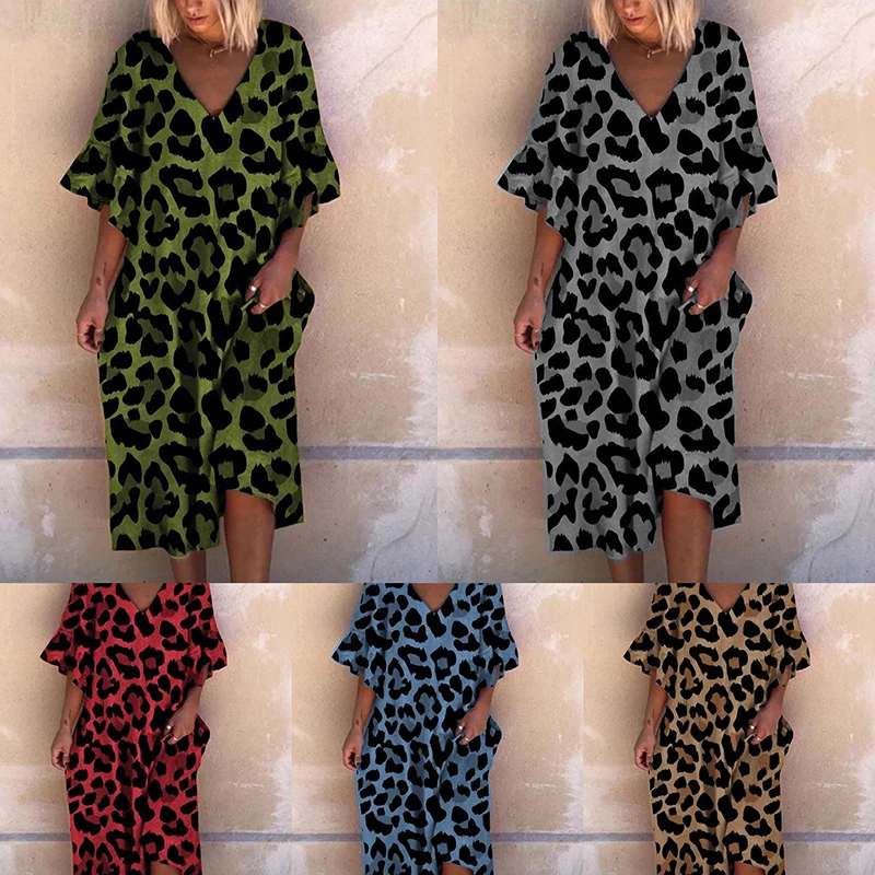

New Fashion Women Summer Boho Loose Elegant Dress Large Big Party Ruffle Sleeve Leopard Print Dresses Oversizes Vestidos Mujer
