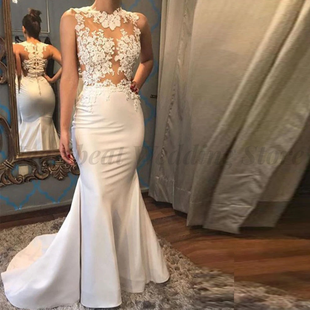 

Illusion Satin Wedding Dresses Mermaid Women with Court Train Jewel Button Back Cap Sleeve Applique Lace Robe De Mariee 2023