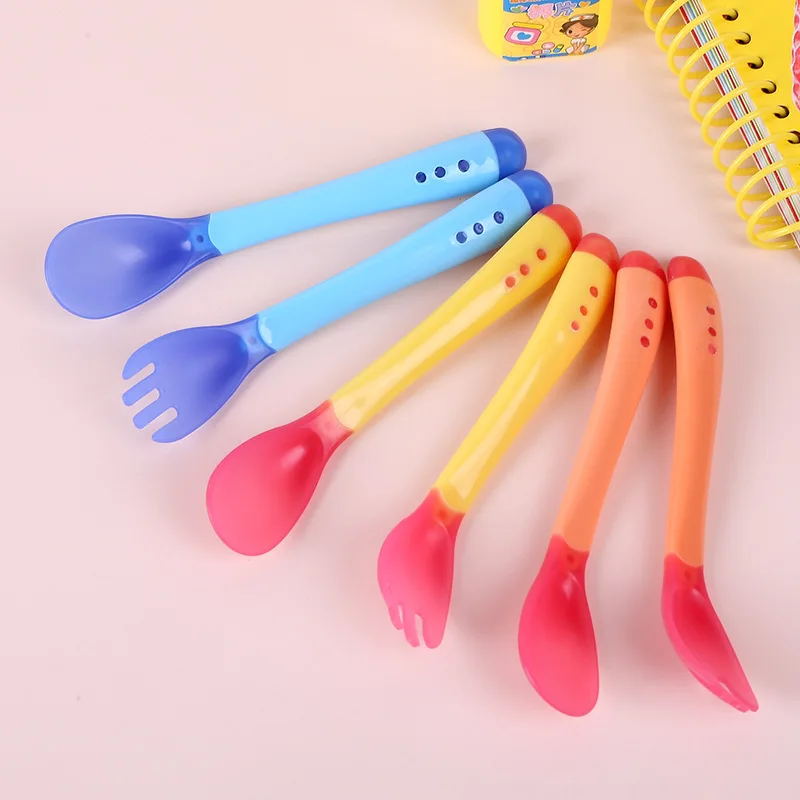 2 Pc/set Temperature Sensing Spoon Fork for Kids Children Silicone Head Feeding Baby Spoon Heat Sensitive Infant Tableware