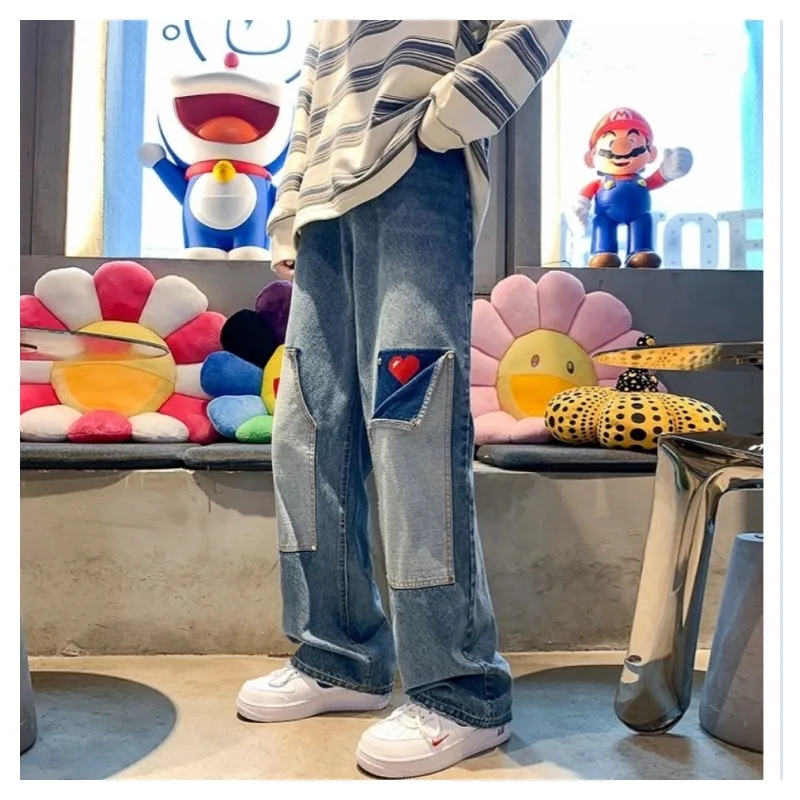 Heart Hip Hop Jeans Men 2022 Trends Clothes Trendyol Printed Man Pants Men's Youth Women's Trousers Baggy Casual Straight