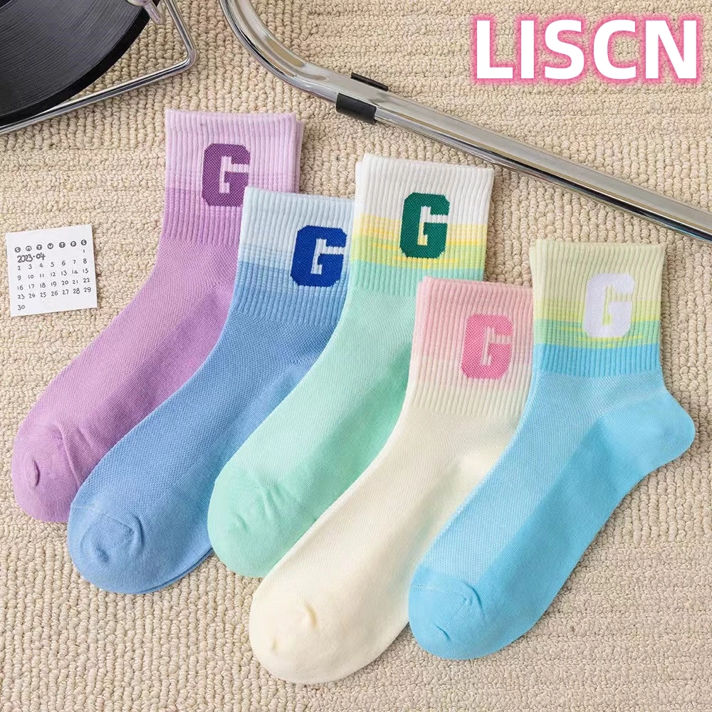 LISCN 2023 Harajuku Rainbow Color Women's Socks Middle Tube Gradient Cotton Stocking For Girls Soft Fashion Sports  Accessories