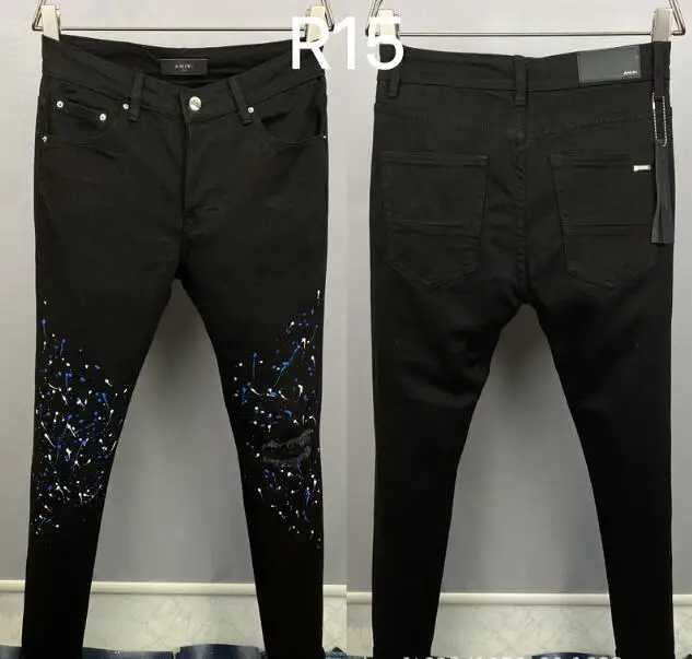 

Black Jean With Blue Paint Splatter Jeans Men Cut-Out Ripped Hole Denim Jeans Trousers