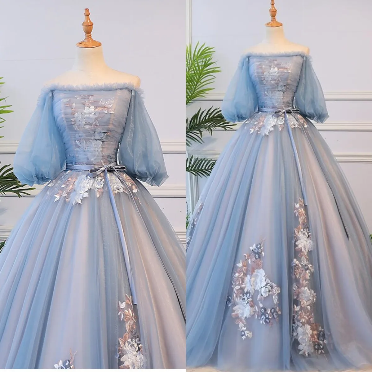 

Dusty Blue Ball Gown Quinceanera Dresses Off The Shoulder Half Sleeves Pageant Gowns vestido de 15 16 anos años quinceañera