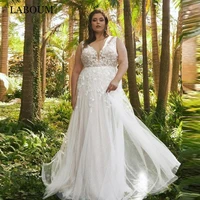 laboum plus size tulle wedding gown for bride 2022 sexy v neck lace appliques bridal dress illusion button vestido de casamento