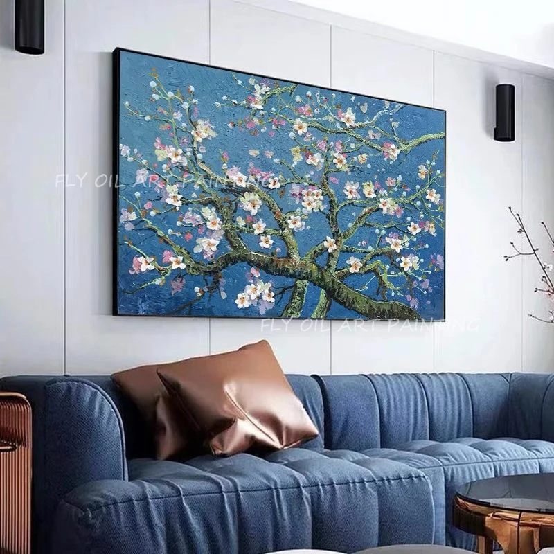 100% ручная работа Цветочное дерево красивое растение роспись синий холст толстые