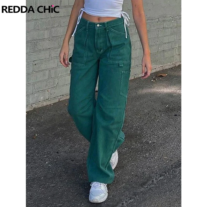 

ReddaChic Green Cargo Jeans Women 2022 Trend Stitch Detail Pocket Patched Wide Leg Pants Drooping Straight Casual Baggy Trousers