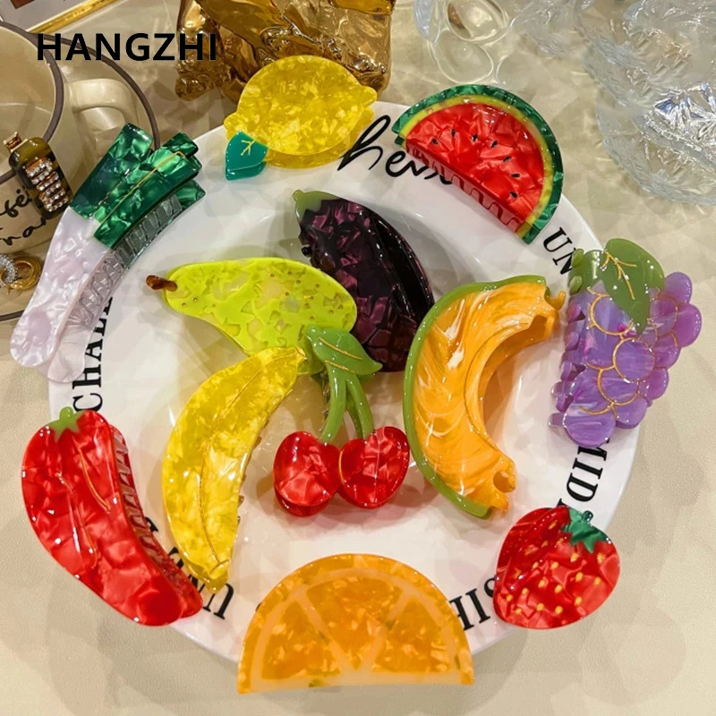 

HangZhi 2022 Summer Vegetable Fruit Ponytail Hair Clip Acetate Colorful Cute Accessories for Women Girls Travel Headwear