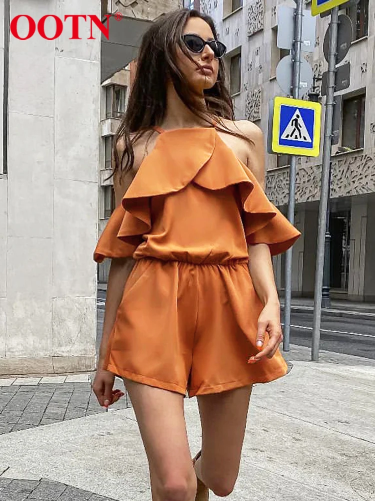 

OOTN Sexy Street Jumpsuits Women Summer Strap Off The Shoulder Ruffled Elegant Overalls Elastic Waist Soft Wide Shorts Rompers