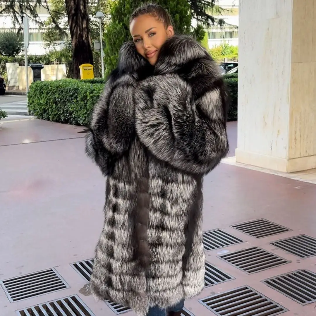 Длинное пальто из натурального серебряного лисьего меха 100 см с