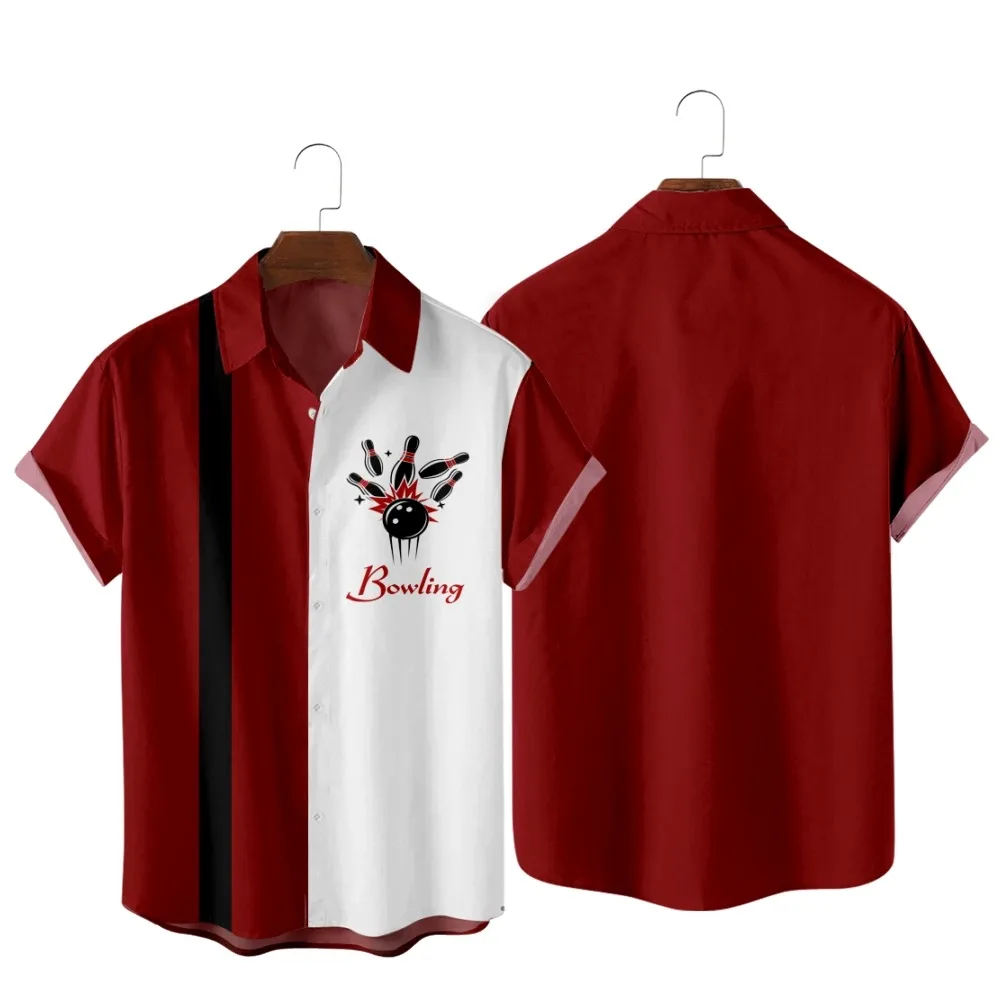 

2022 Vintage Bowling Pattern Shirts, Fashion Casual American Hawaiian Beach Style, Summer Pocket Shirts for Men and Women