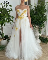 ms fairy evening dresses white tulle with yellow appliques spaghetti strap long prom gowns side slit backless for gradution 2022