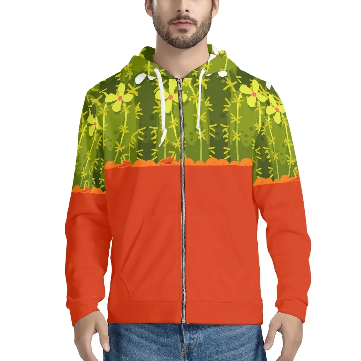 

Флисовая толстовка с капюшоном и мультяшным КАКТУСОМ, мужские зимние толстовки на молнии, мужские куртки с капюшоном и растительным принто...