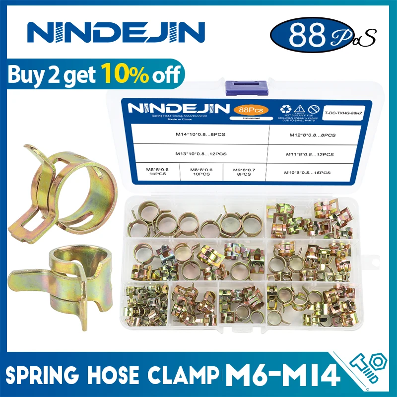 

NINDEJIN 88pcs Spring Hose Clamp Zinc Plated M6-M14 Fuel Line Silicone Vacuum Hose Pipe Clamp Steel Wire Tube Pipe Clip Fastener