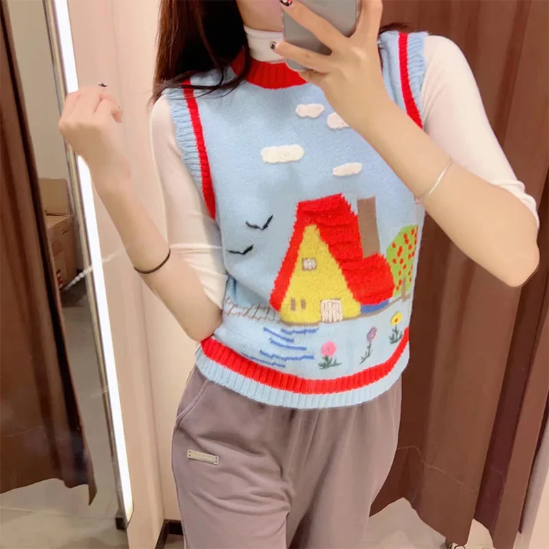 

BM&MD&ZA2022 Autumn New Sweet All-match Round Neck Contrast Embroidered Jacquard Knitted Vest 1957102