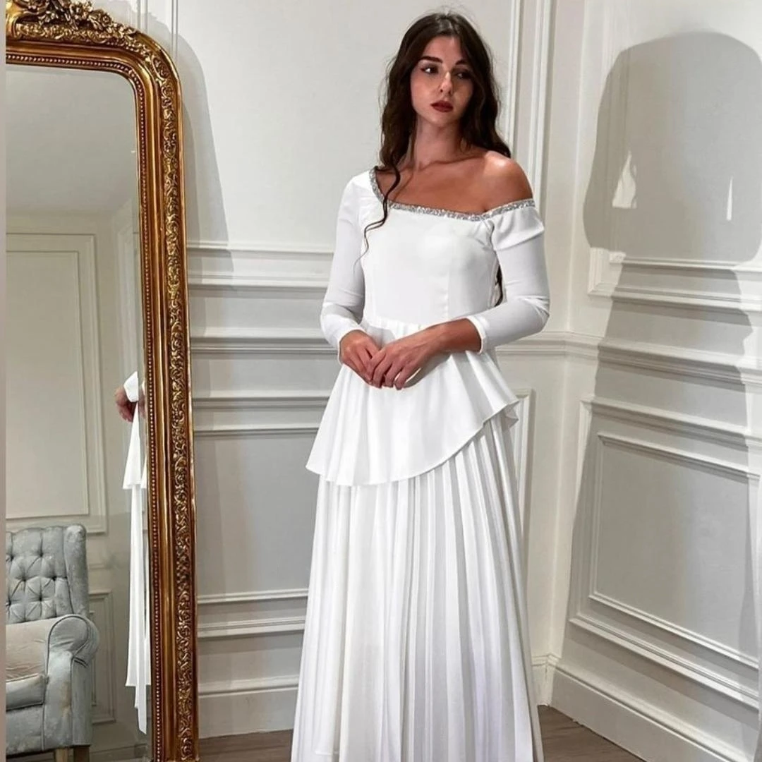 

Fairytale Strapless Prom Dresses Full Sleeves Ankle-Length Wedding Party Wrinkle A-Line Stain Grace Women Zipper Up 2023