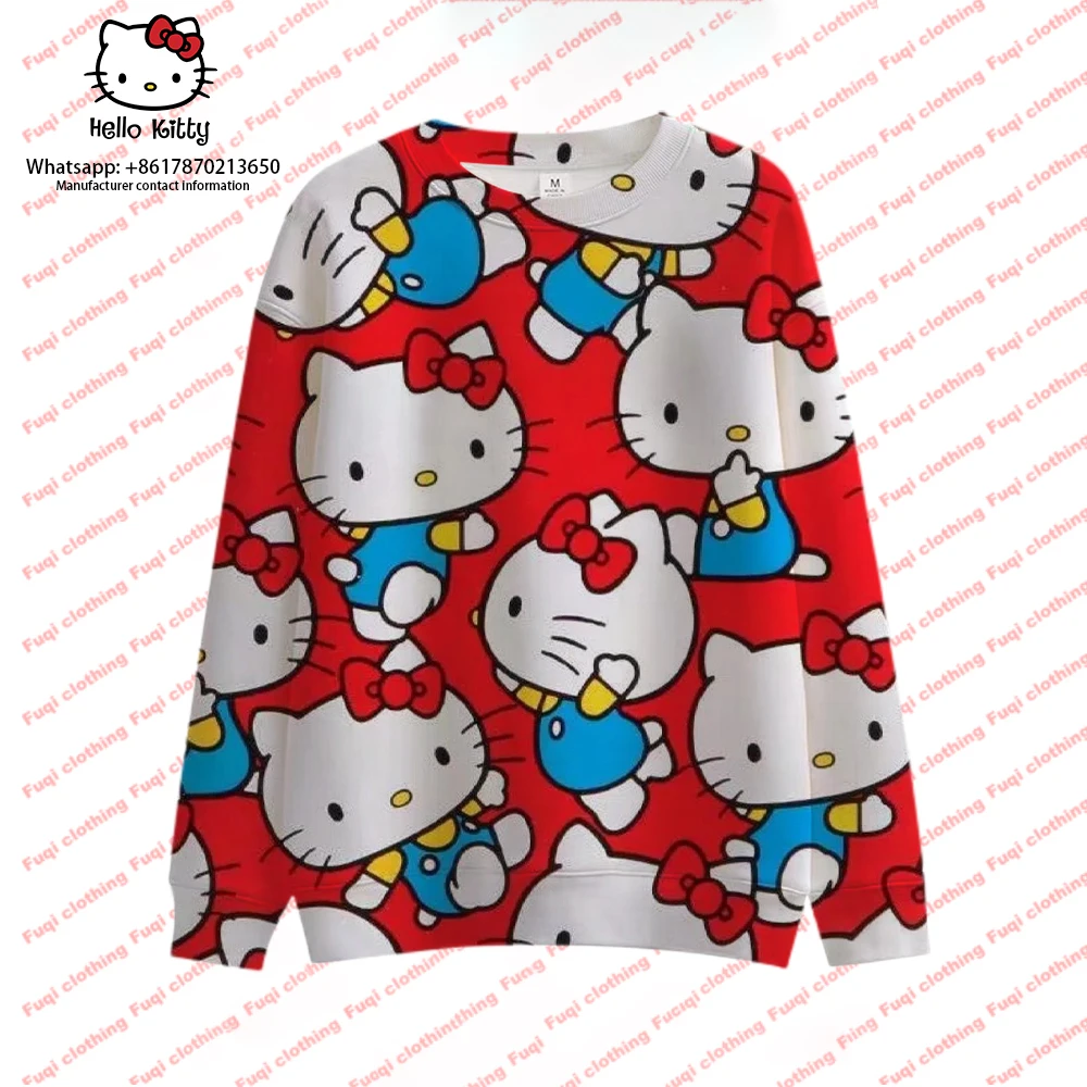 

Женский свитер с круглым вырезом и принтом Hello Kitty, Осенний пуловер, свитер, женская спортивная одежда свободного покроя с мультяшным принтом, 2023