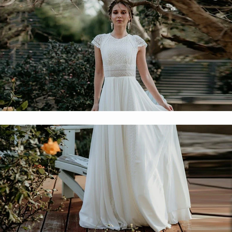 

Custom Made Bohemian Wedding Dress Cap Sleeves Boho Lace Chiffon Bridal Gown