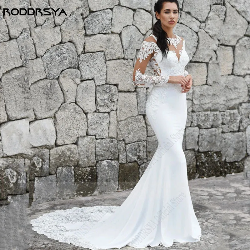 Купи RODDRSYA Mermaid Wedding Dress Illusion Scoop Lace Back Buttons Vestidos De Noiva Mariage Bridal Gown Bride Satin Applique Train за 5,907 рублей в магазине AliExpress