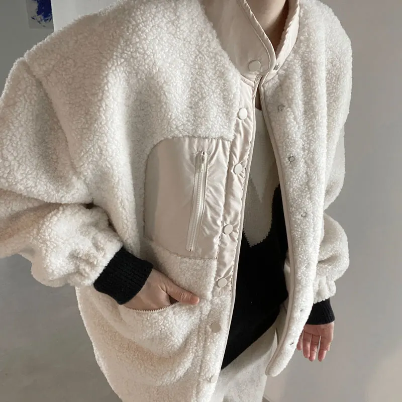 

Clothland Women Elegant Lamb Fur Jacket Side Zipper Pockets Single Breasted White Black Thick Winter Coats Mujer CA378