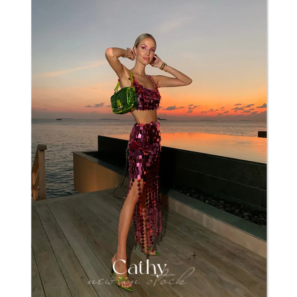 

Cathy Glitter Two Piece Set Prom Dress Sequins Rose Pink فستان سهرة Shiny Side Split Party Dress Knee Length Evening Dress