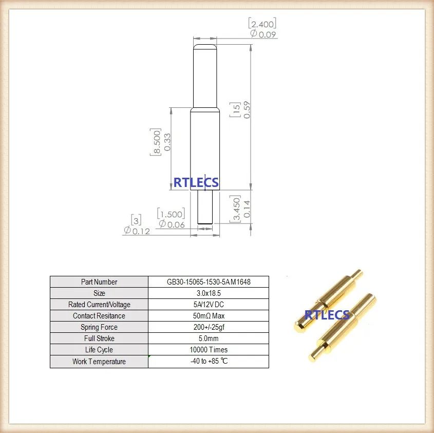 

Внешний диаметр 3,0 мм, прямой пружинный контактный разъем Pogo, сквозные отверстия, коннектор для пайки печатной платы, одиночный дискретный Pogopin GB30 5A 2A