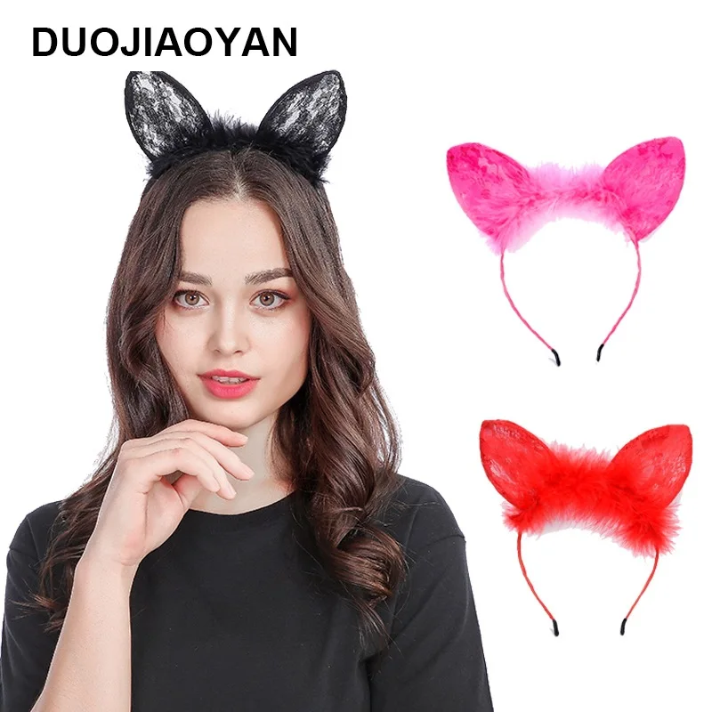 

Hot Feather Lace Cat Ear Headband Women Sexy Lingerie Accessories Cosplay Headwear Female Hair Accessories Red Black
