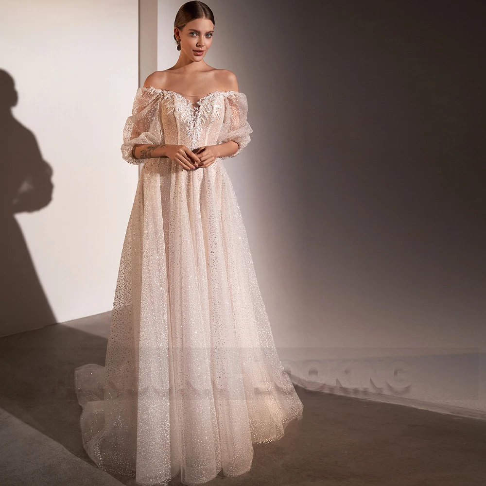 

HERBURN Bling Unique Wedding Gown For Bride Half Sleeve Scoop Court Train Customised Dropping Shipping Robe De Soiree De Mariage