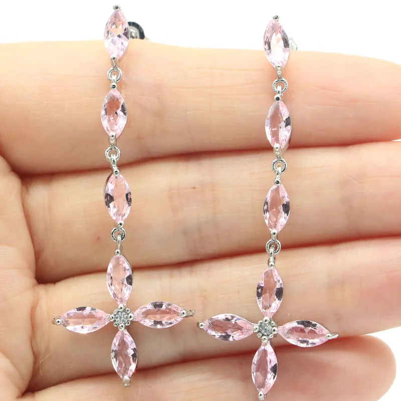 

58x21mm Lovely Cute Pink Kunzite Women Daily Wear Silver Earrings