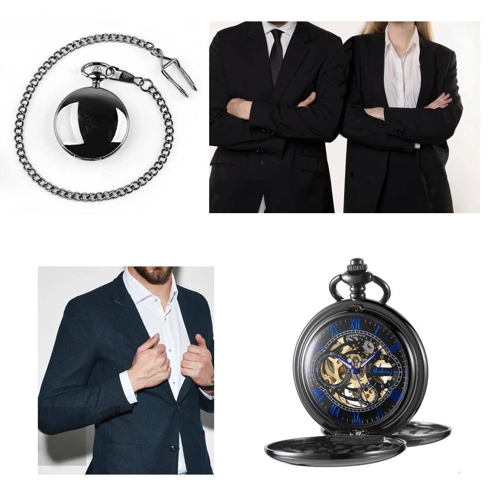 Double Open Blue Dial Men's Mechanical Pocket Watch Casual Fashion Business Pendant with Chain Clock Birthday Anniversary Gift