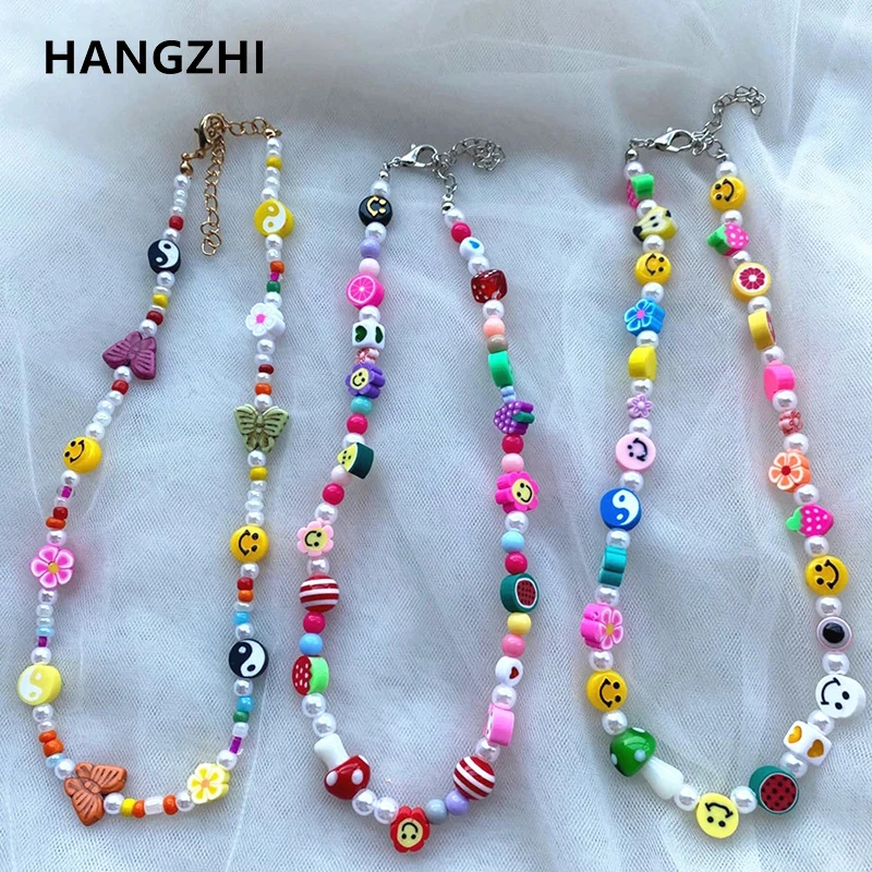 

HangZhi 2021 New Colorful Smiley Tai Chi Butterfly Mushroom Soft Pottery Clavicle Choker Pearls Necklace Chain for Women Jewelry