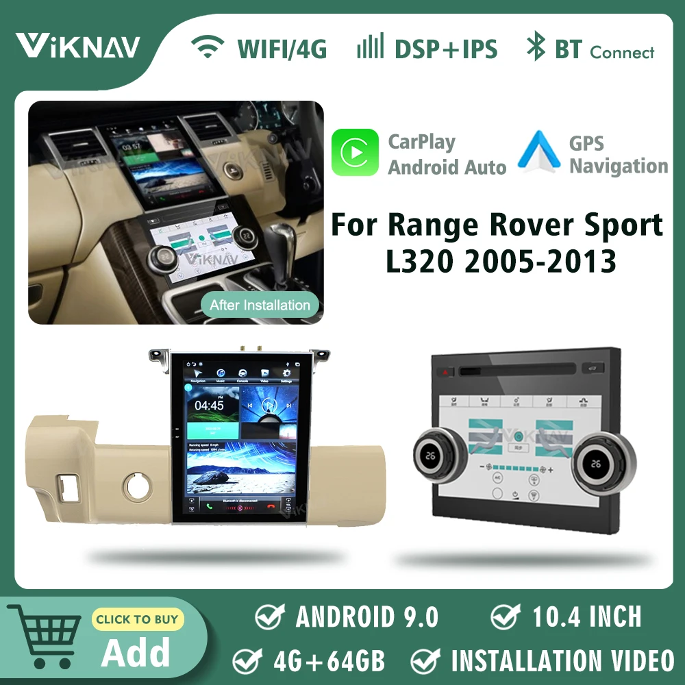 

Автомагнитола 10,4 дюйма для Range Rover Sport L320 2005-2013, мультимедийный плеер в стиле Tesla, GPS-навигация, BT Carplay, панель переменного тока