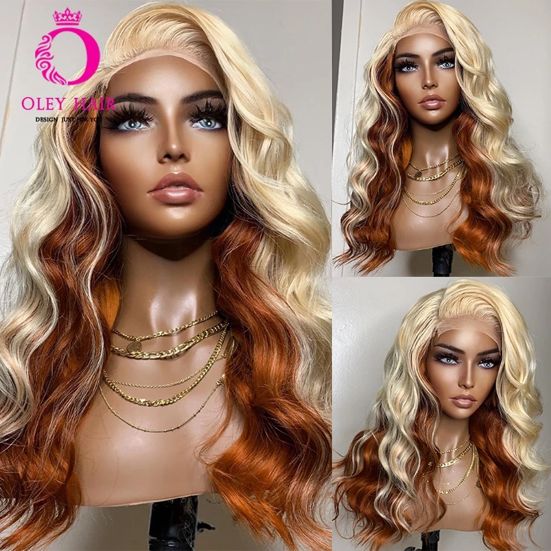 Ombre Ginger Body Wave 30 Inch Honey Blonde Color 13x4 Synthetic Lace Front Heat Resistant Glueless Cosplay Wigs With Baby Hair