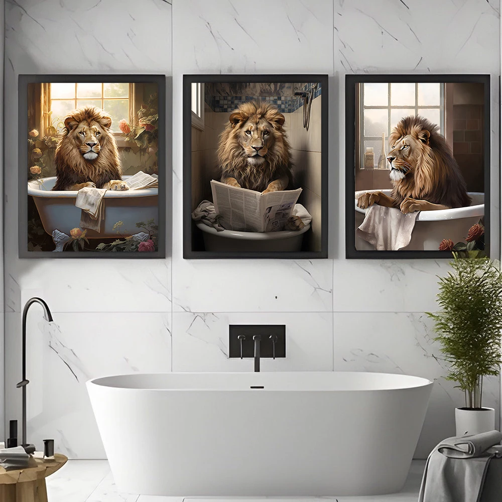 Забавный постер с изображением Льва, сидящего в ванной, газеты для ...
