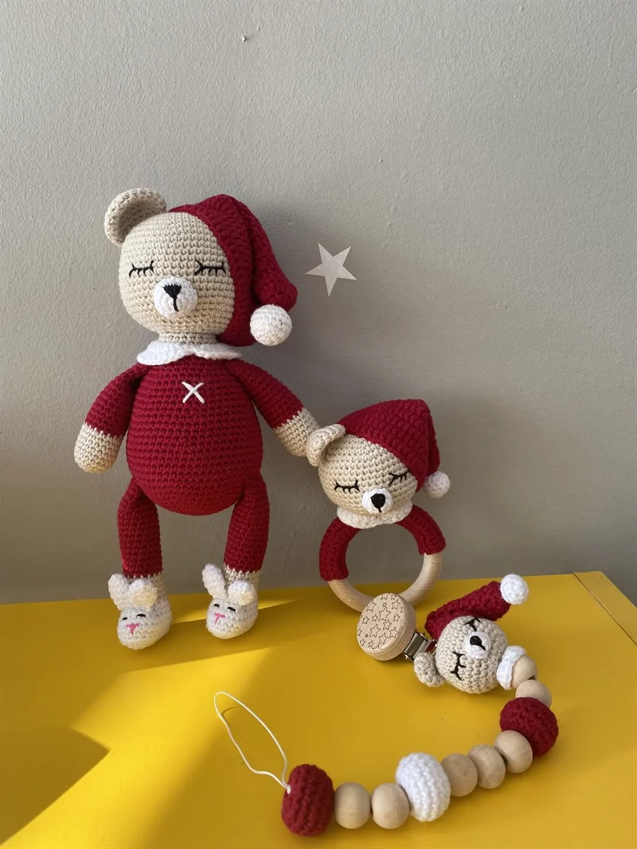 

Jaju Baby Amigurumi Handmade Sleepy Teddy Bear 22 cm Rattle and Pacifier Chain Triple Set