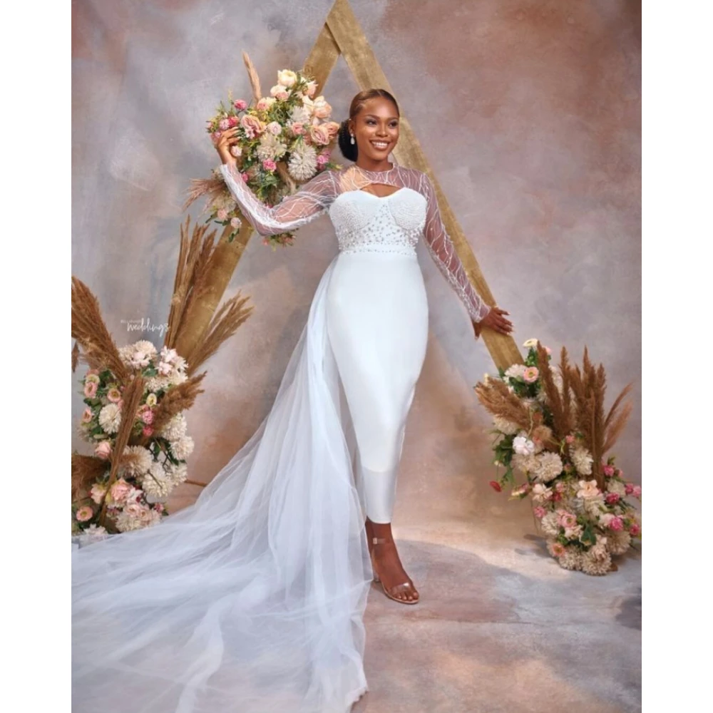 

Elegant African White Wedding Dresses Beads Pearls Long Sleeves Ankle Length Bridal Gowns Sexy Long Train vestido de novia