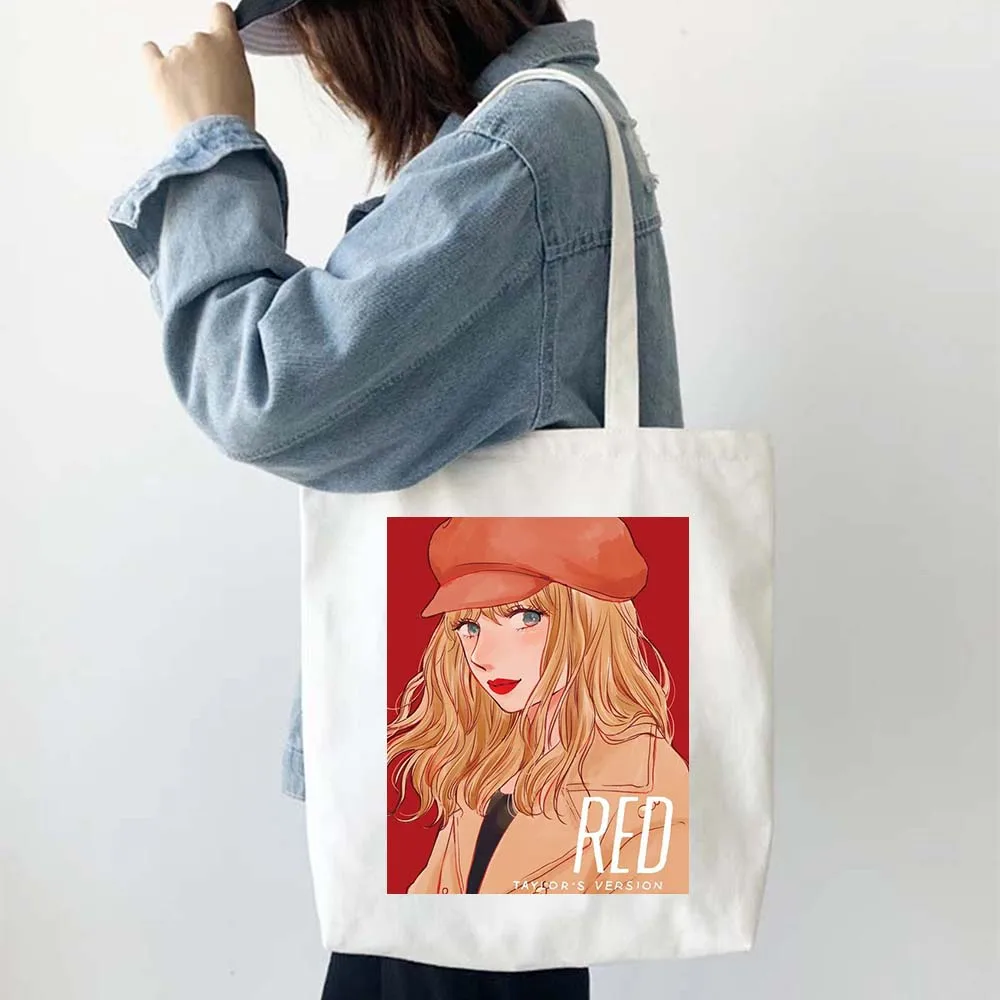 

Red Taylor Version Print Cute Girl Cartoon Art Canvas Shoulder Bag Tote Bags Women Shopping Bag Reusable High capacity Handbags