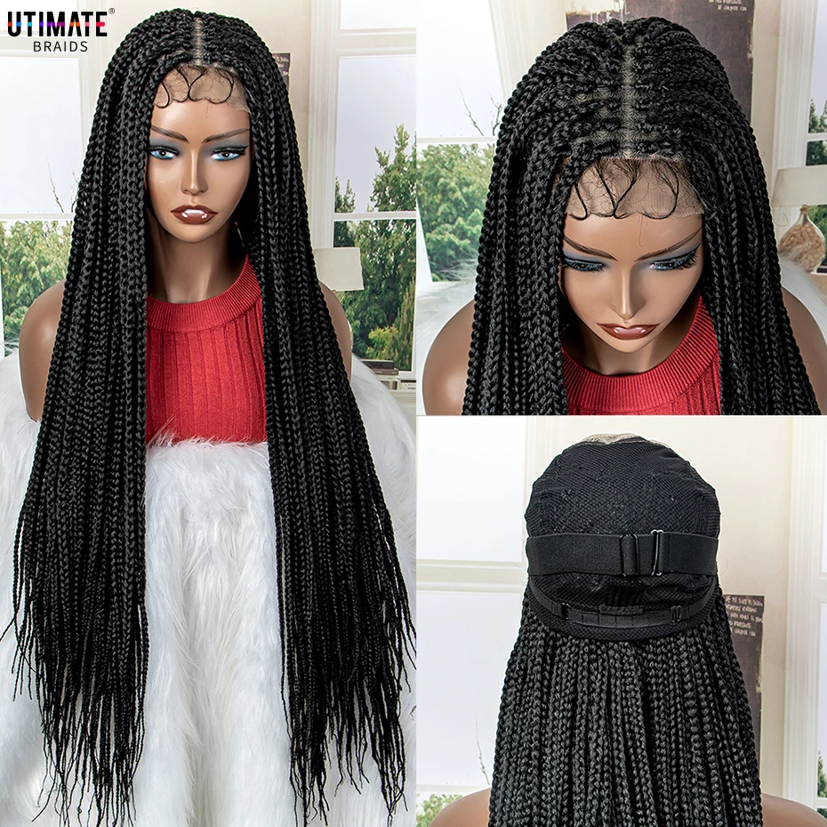36 Inches Natural Black Wig Box Braided Synthetic Lace Front Wig Knotless Lace Wigs Good Quality Synthetic Wigs for Women